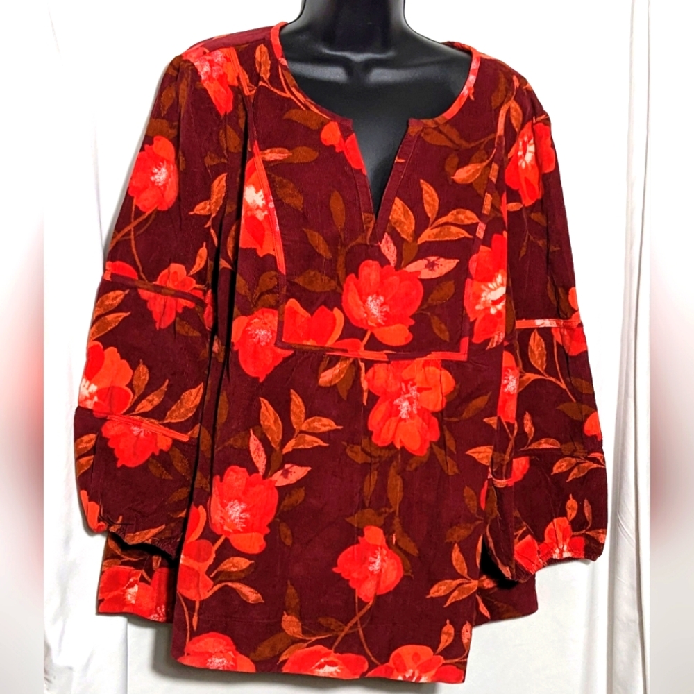 NWT Sonoma Babydoll Corduroy Red Floral Blouse |‎ Size 2X